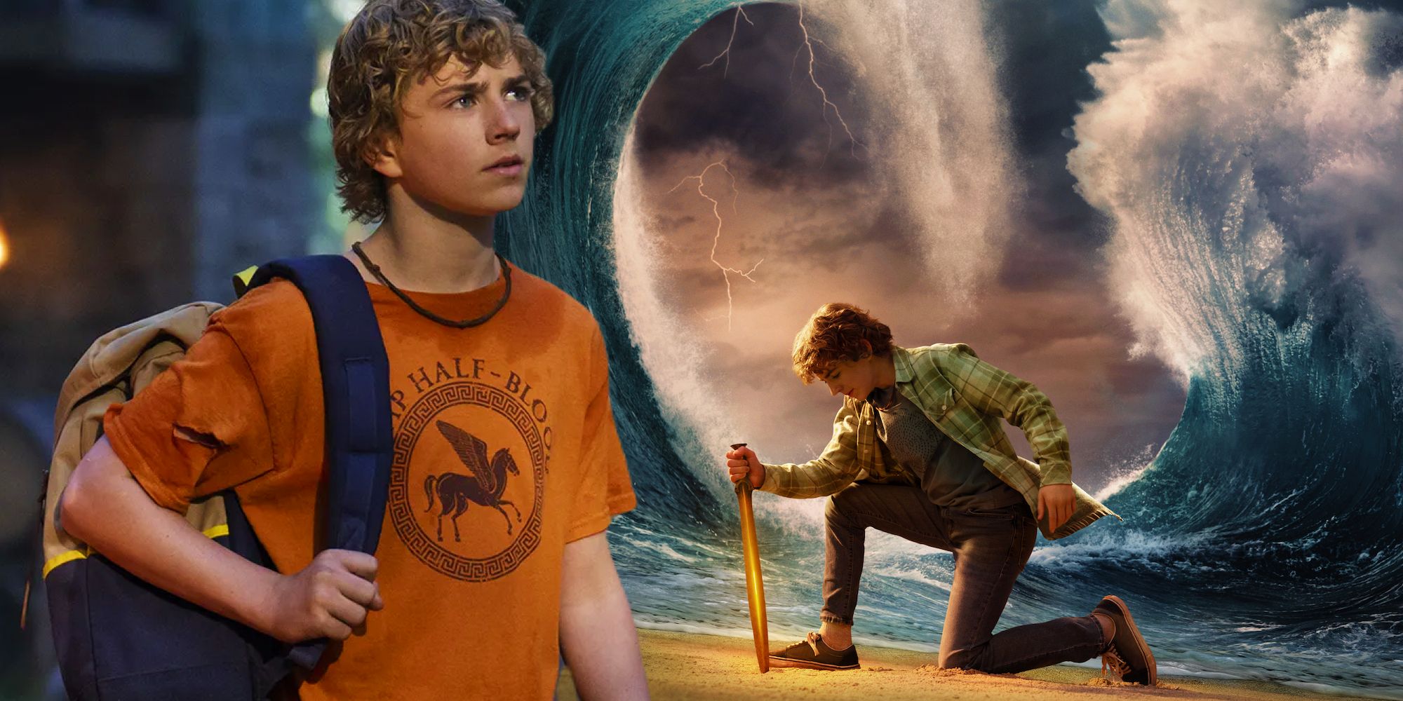 Walker Scobell como Percy Jackson ao lado do pôster de Percy Jackson e os Olimpianos