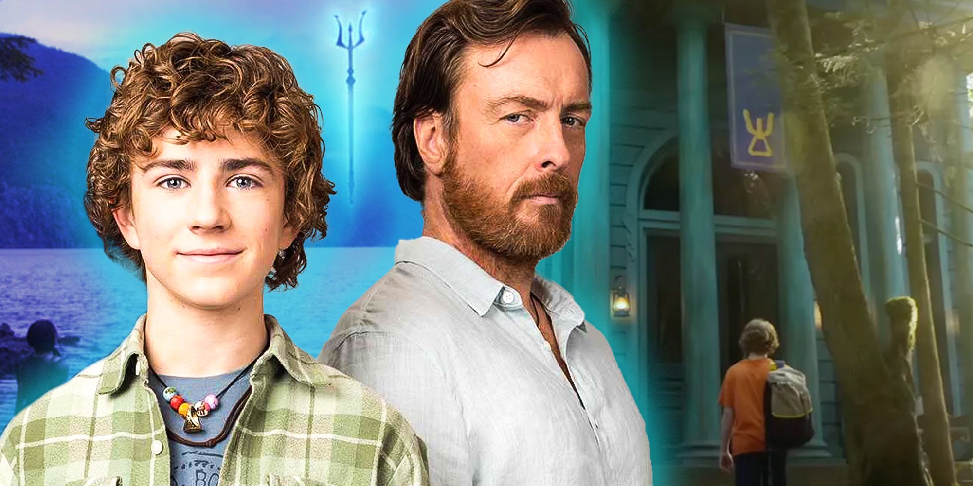 Percy Jackson (Walker Scobell) and Poseidon (Toby Stephens) in front of Poseidon