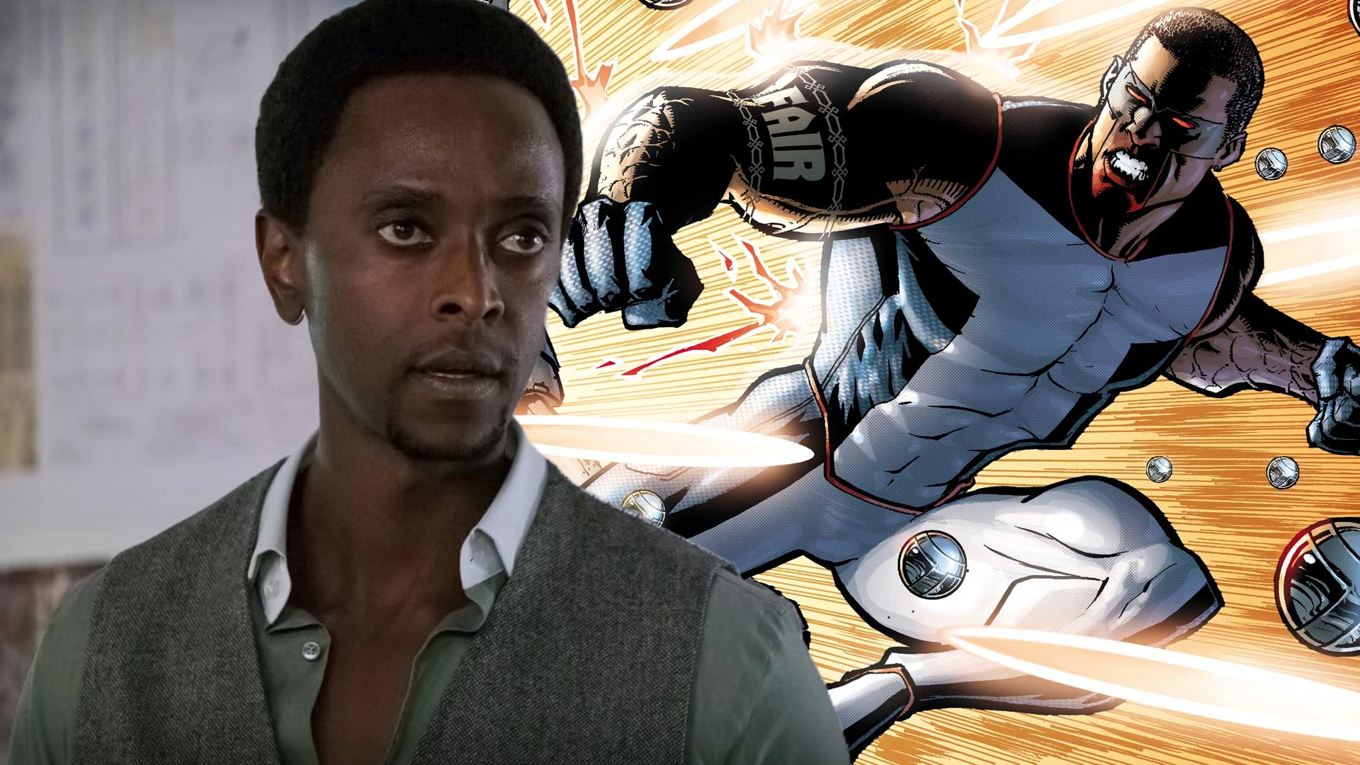 Ator Edi Gathegi ao lado do personagem Senhor Incrível