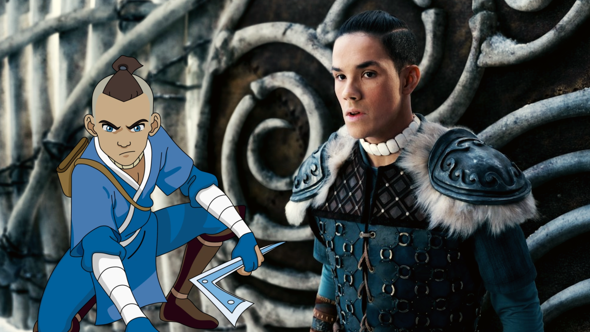 Imagem do ator Ian Ousley como Sokka ao lado da versão animada de Sokka