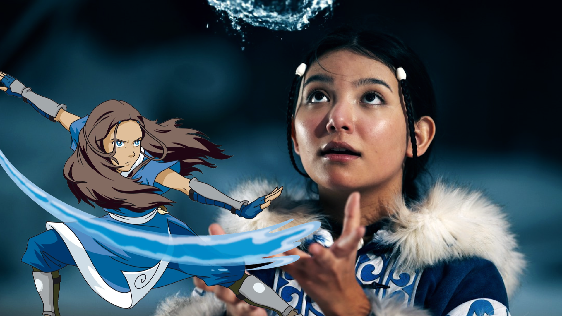 Imagem da atriz Kiawentiio como Katara ao lado da versão animada de Katara