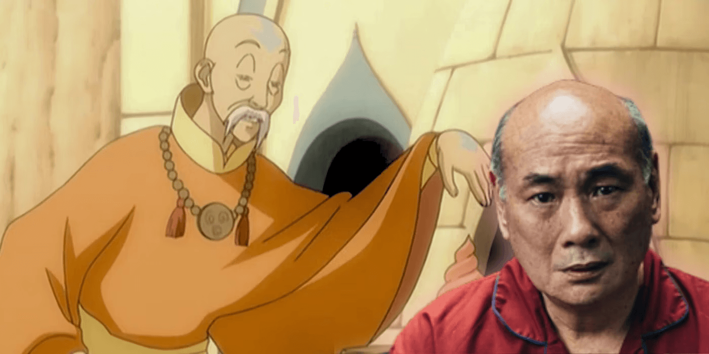 Imagem do ator Lim Kay Siu ao lado do personagem Gyatso