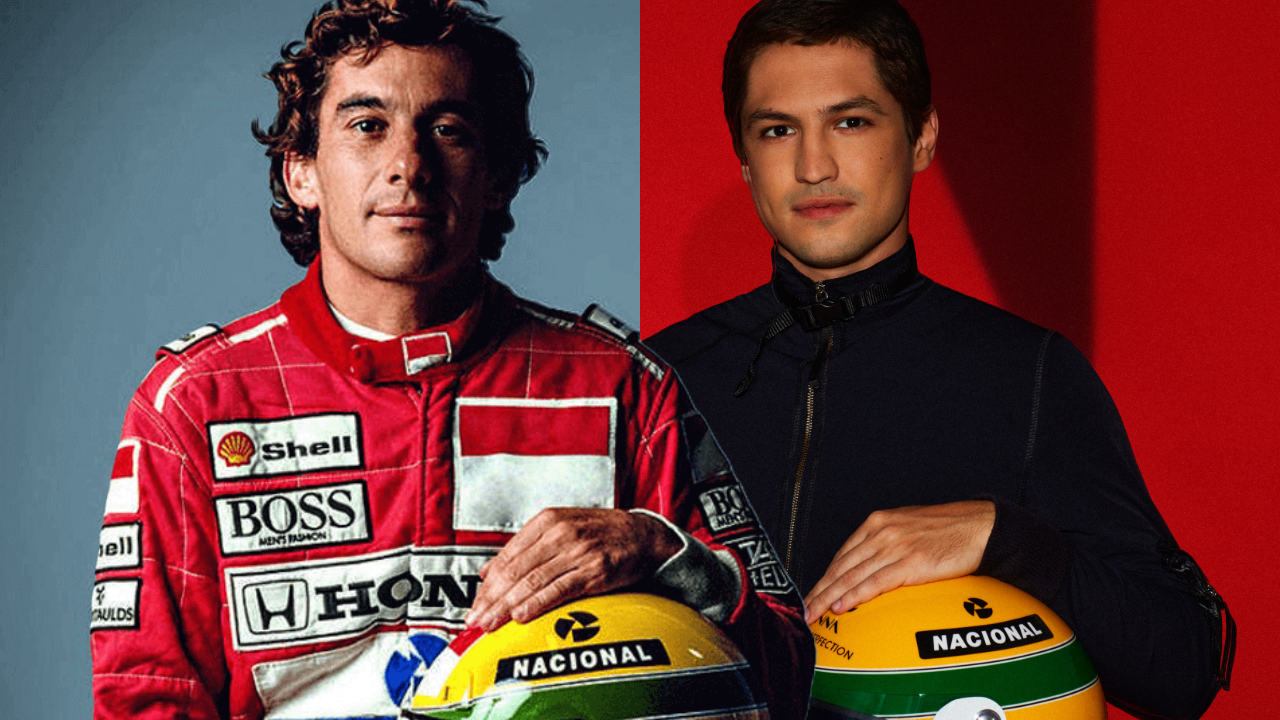 Imagem do piloto Ayrton Senna e o ator Gabriel Leone, série Senna